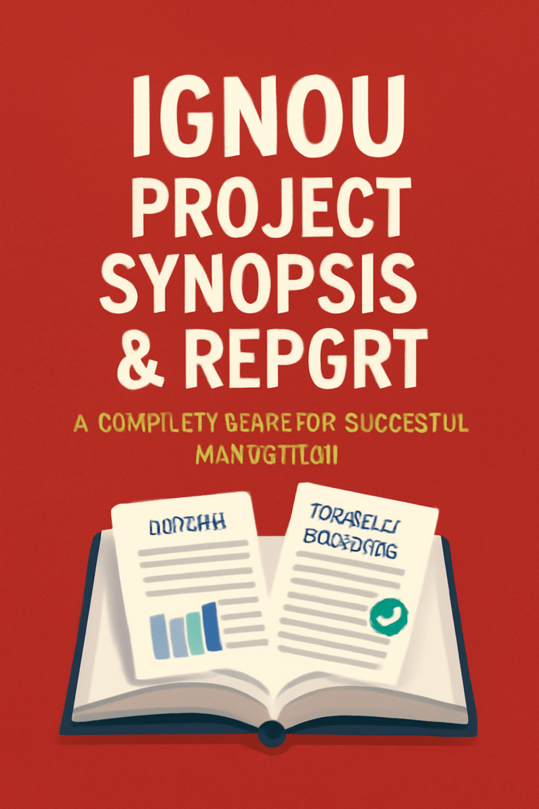 IGNOU Project Synopsis & Report guidelines with an open book illustration displaying project documents and charts, set against a vibrant red background